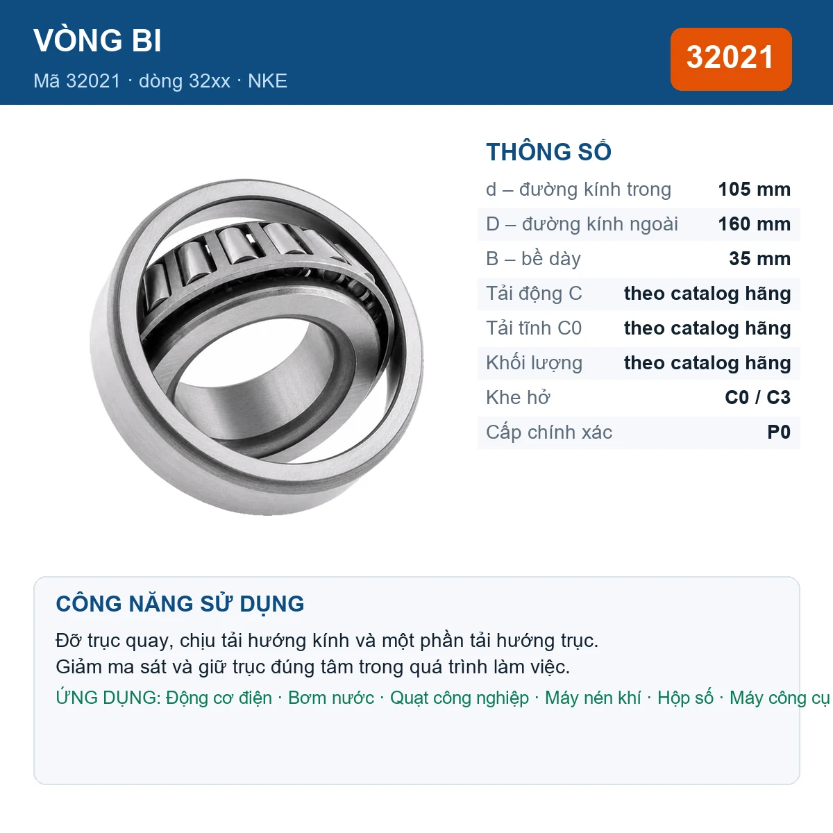 Vòng bi NKE 32021 — kích thước 105x160x35mm