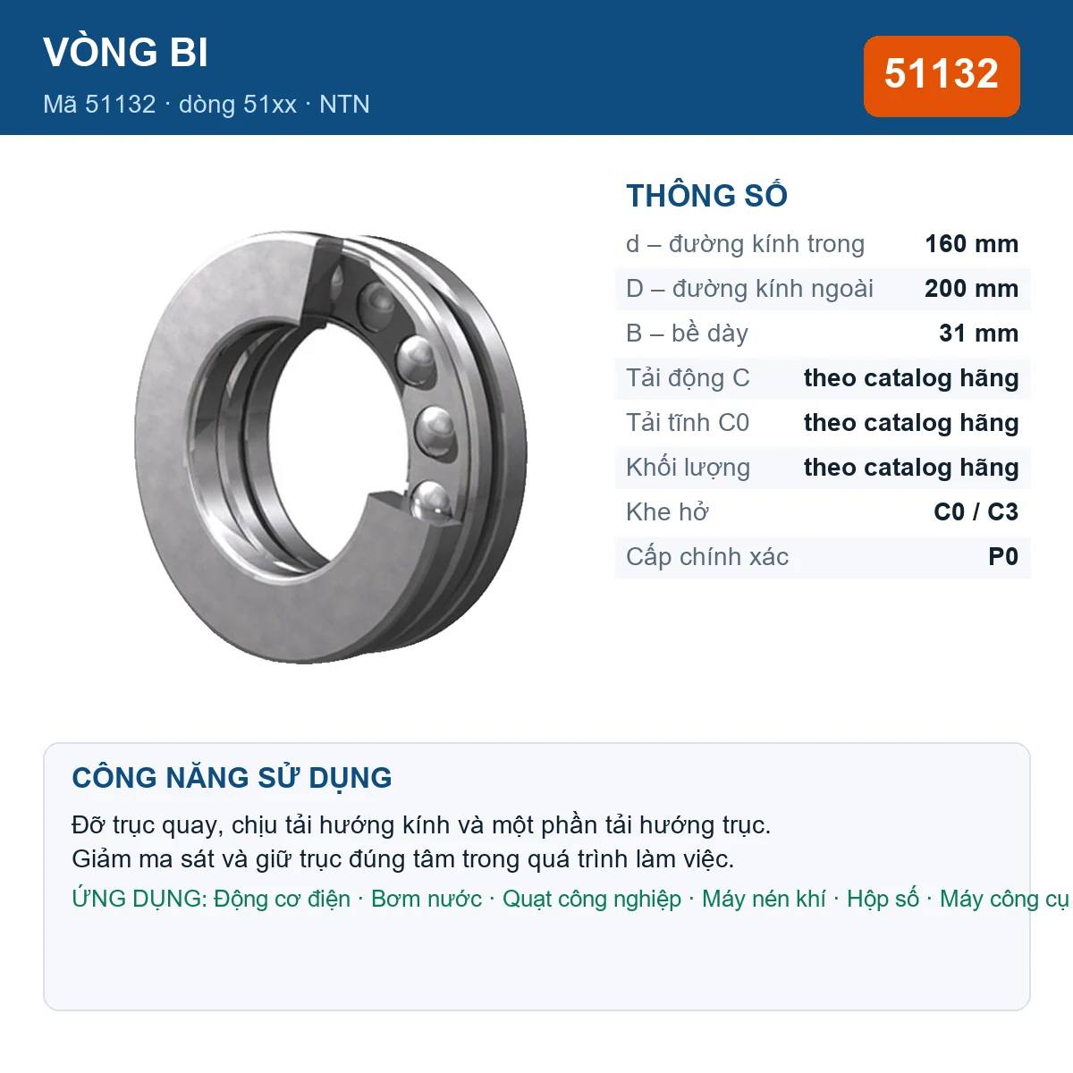 Vòng bi NTN 51132 — kích thước 160x200x31mm