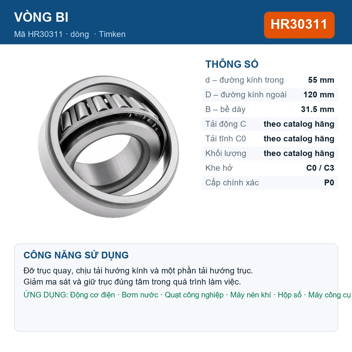 Vòng bi Timken HR30311 — kích thước 55x120x31.5mm