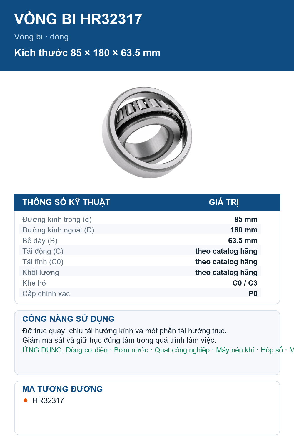 Vòng bi Timken HR32317 85x180x63.5mm — Ảnh thông số (Pinterest)