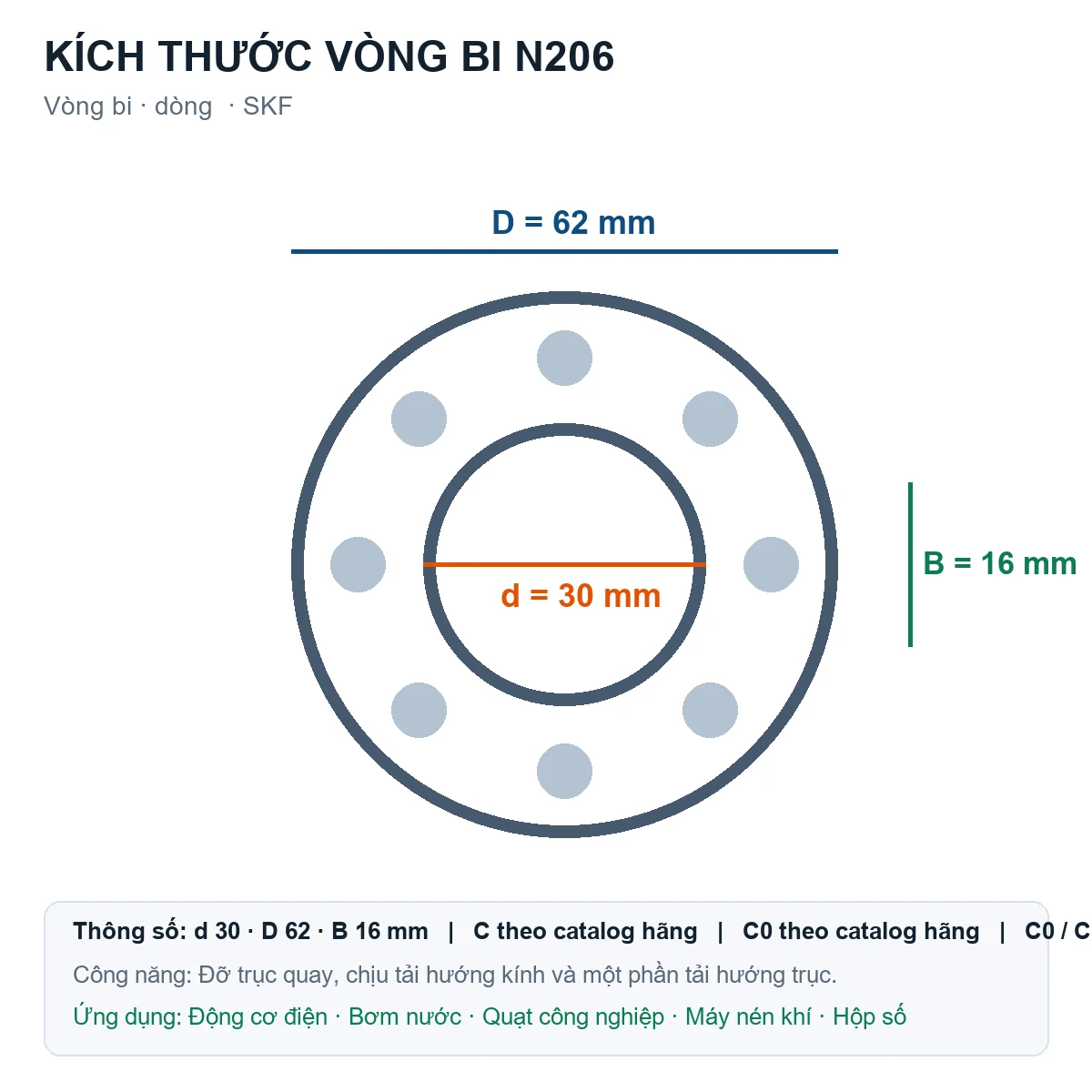 Vòng bi SKF N206 30x62x16mm — Bản vẽ kích thước (Google Images)