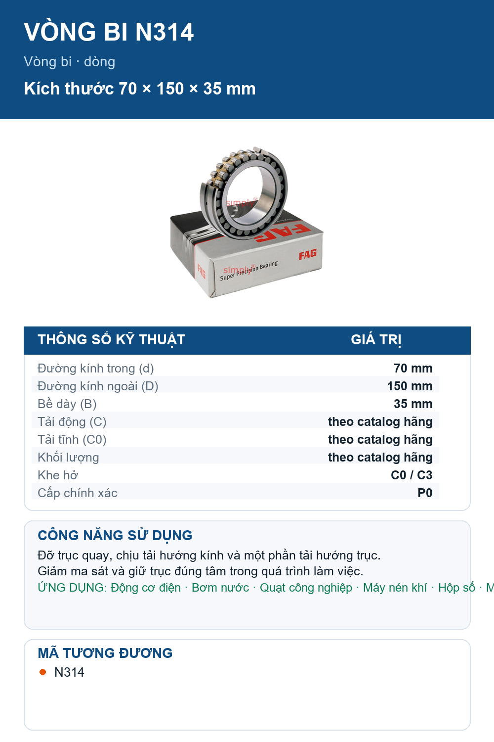 Vòng bi FAG N314 70x150x35mm — Ảnh thông số (Pinterest)