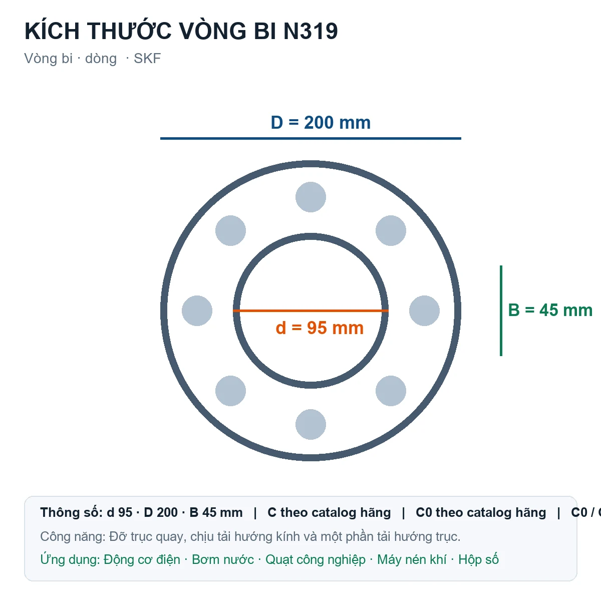 Vòng bi SKF N319 95x200x45mm — Bản vẽ kích thước (Google Images)