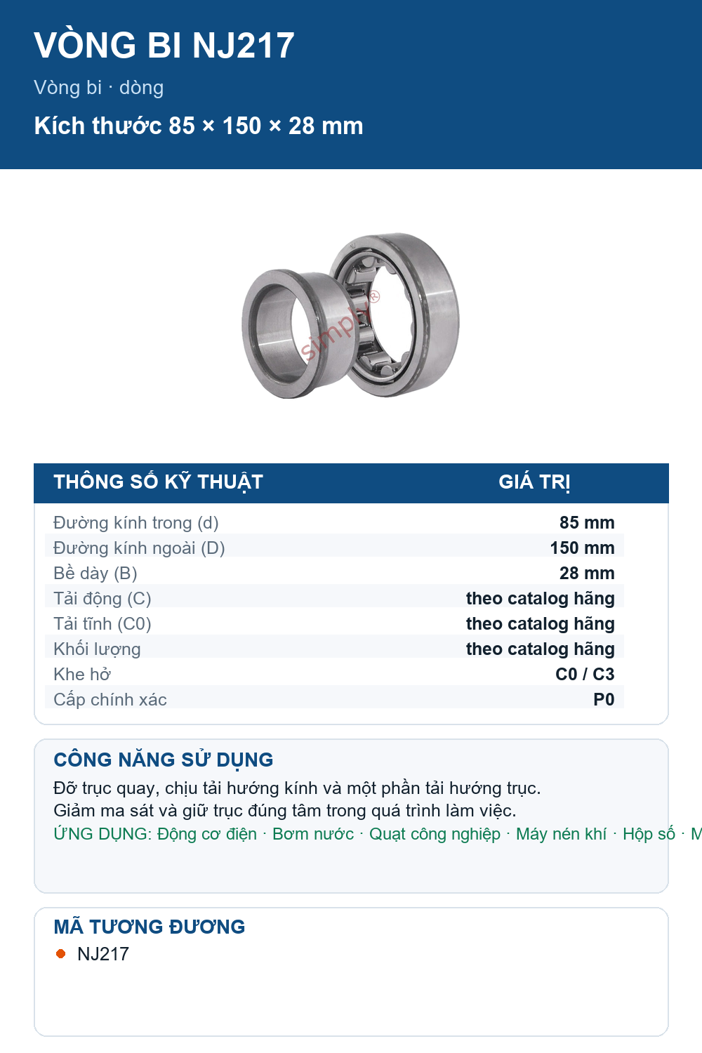 Vòng bi FAG NJ217 85x150x28mm — Ảnh thông số (Pinterest)