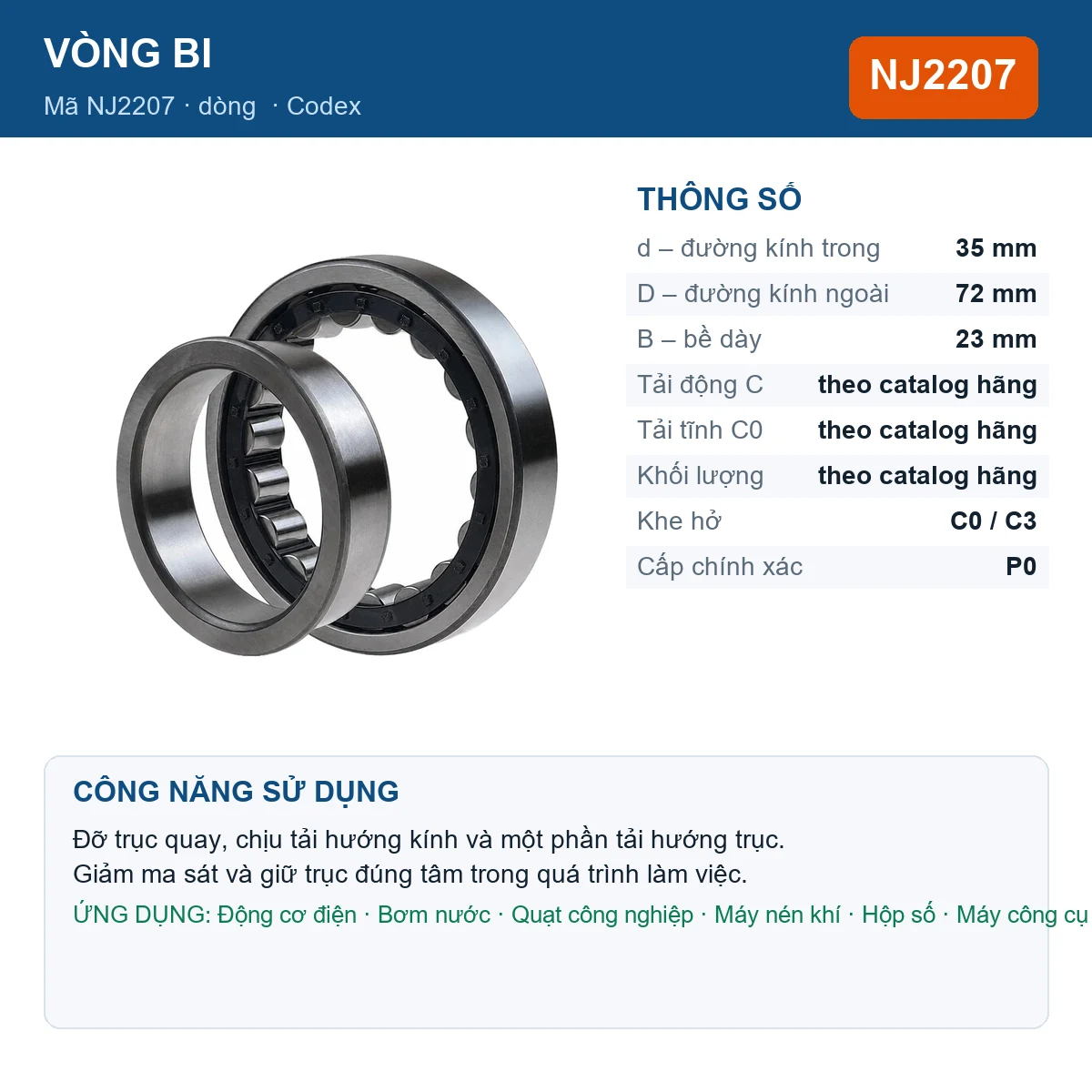 Vòng bi Codex NJ2207 — kích thước 35x72x23mm