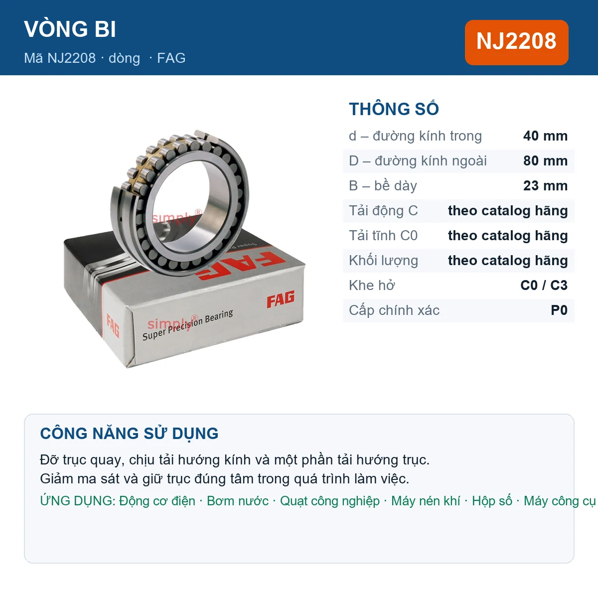 Vòng bi FAG NJ2208 — kích thước 40x80x23mm