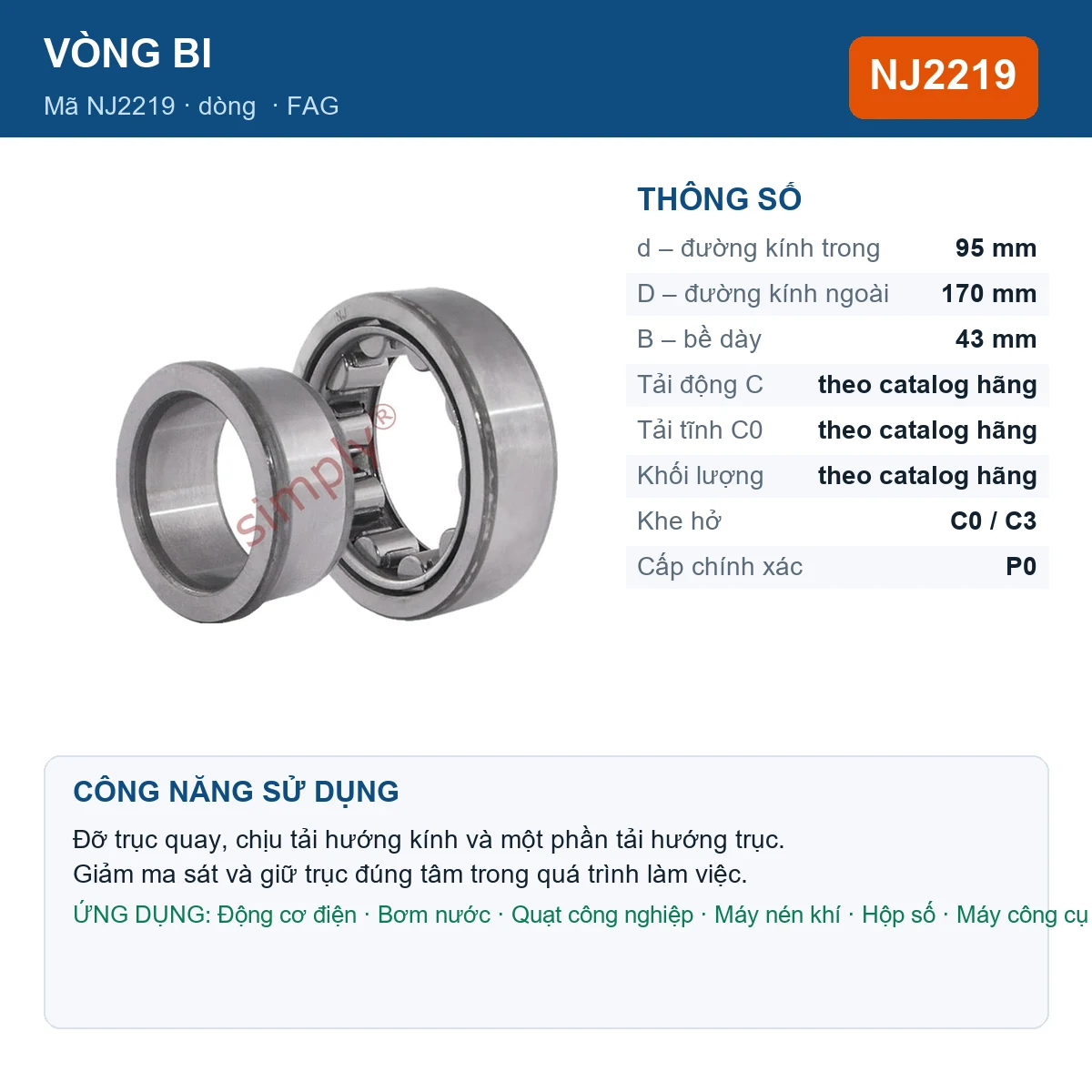 Vòng bi FAG NJ2219 — kích thước 95x170x43mm