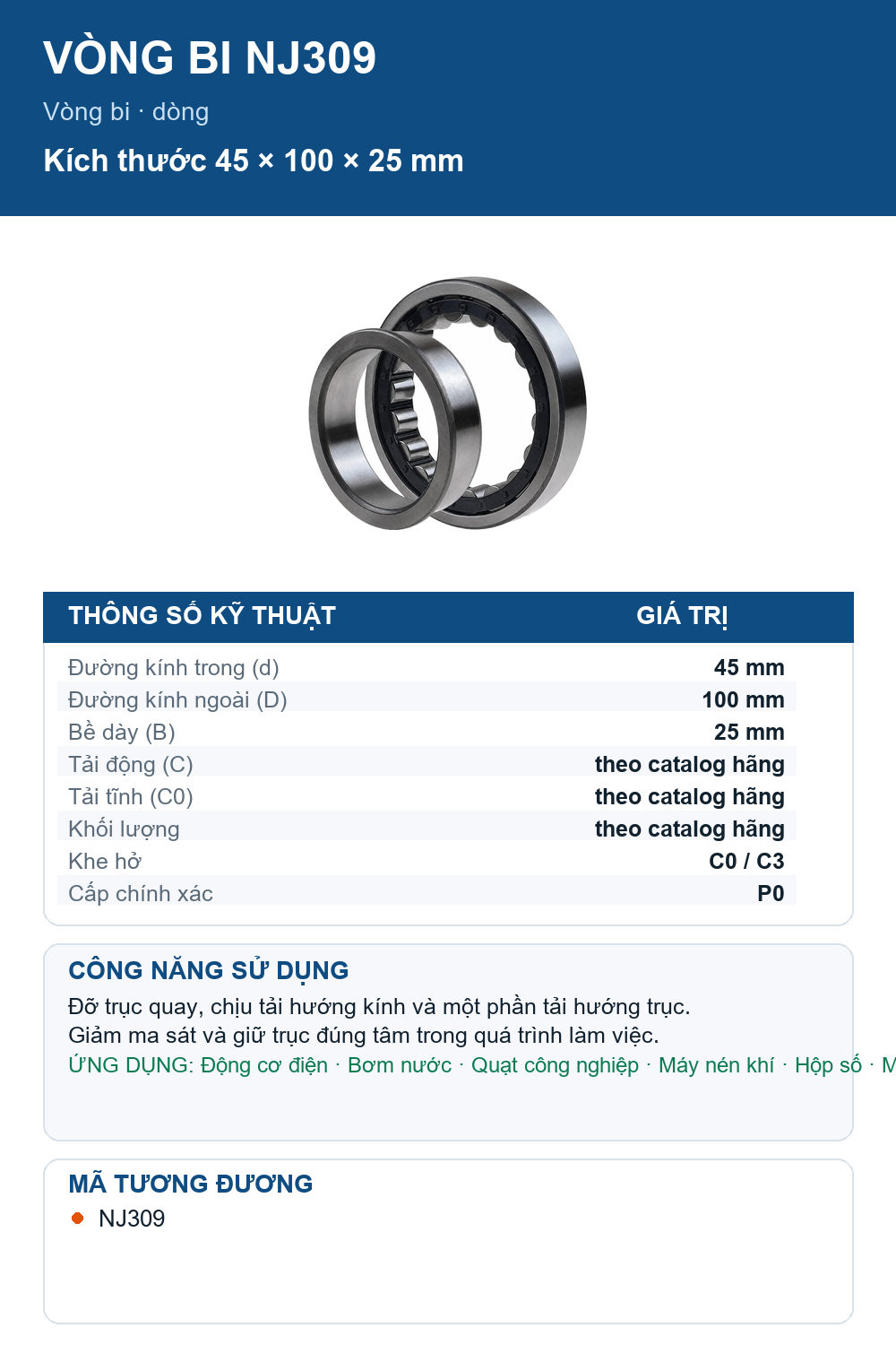 Vòng bi Codex NJ309 45x100x25mm — Ảnh thông số (Pinterest)
