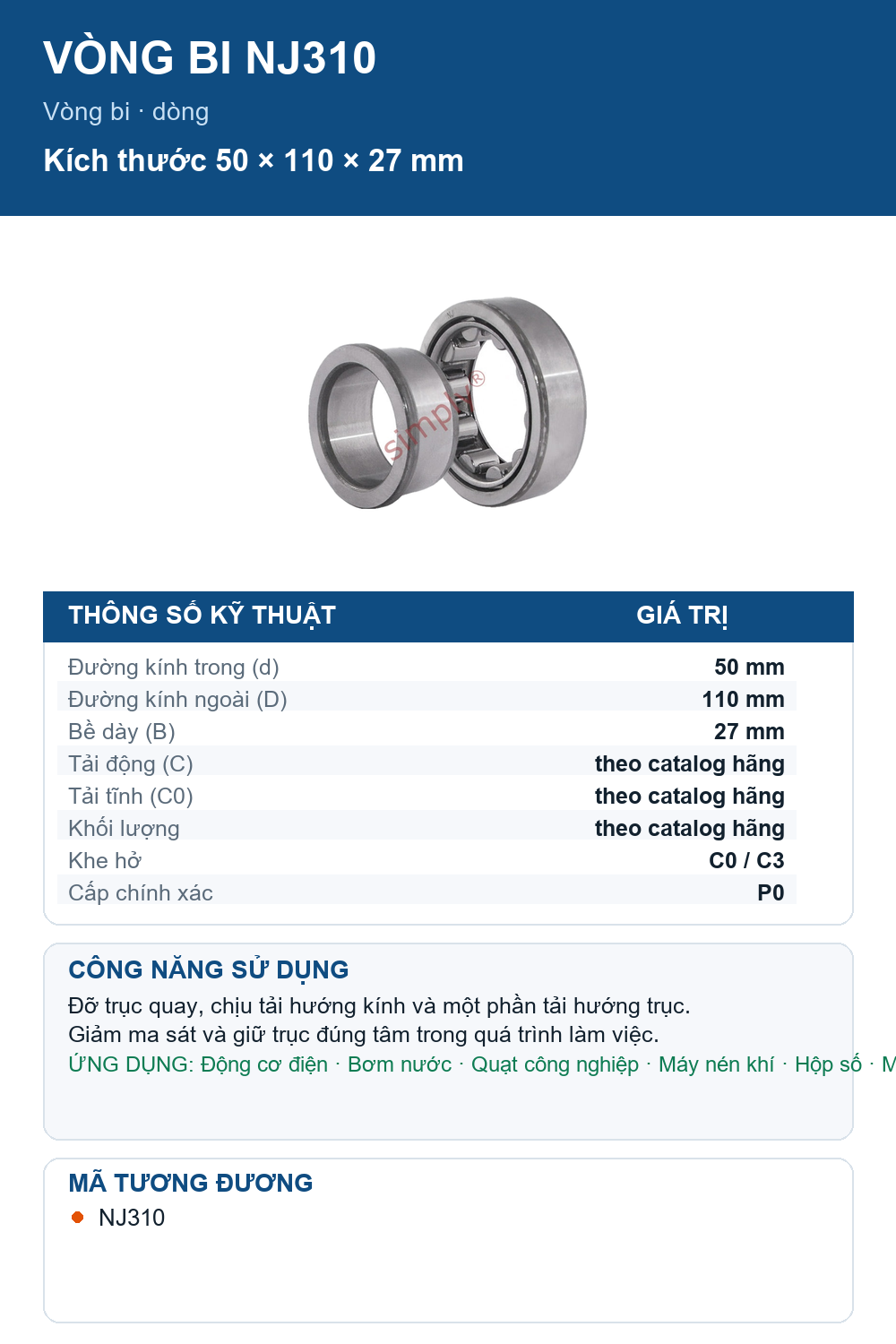 Vòng bi FAG NJ310 50x110x27mm — Ảnh thông số (Pinterest)