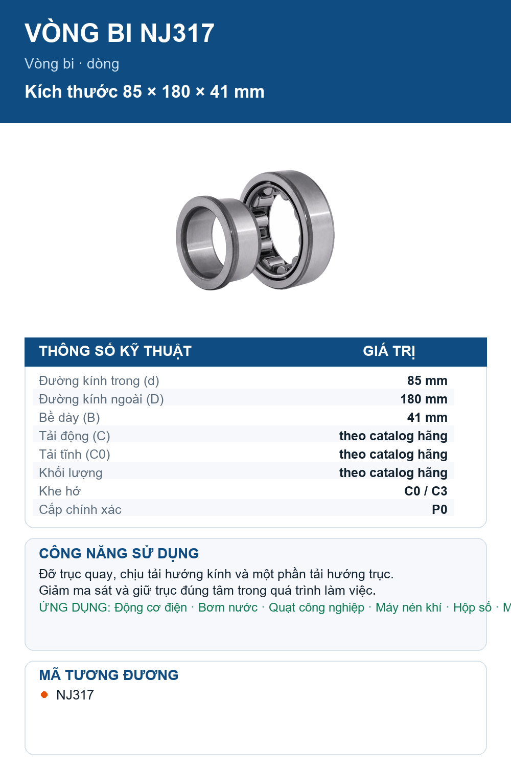 Vòng bi Gen NJ317 85x180x41mm — Ảnh thông số (Pinterest)