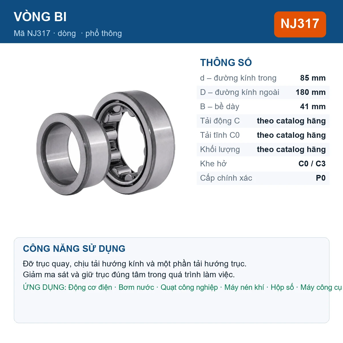 Vòng bi Gen NJ317 — kích thước 85x180x41mm