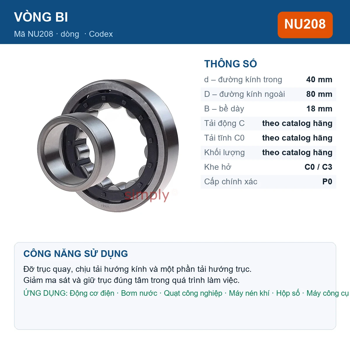 Vòng bi Codex NU208 — kích thước 40x80x18mm