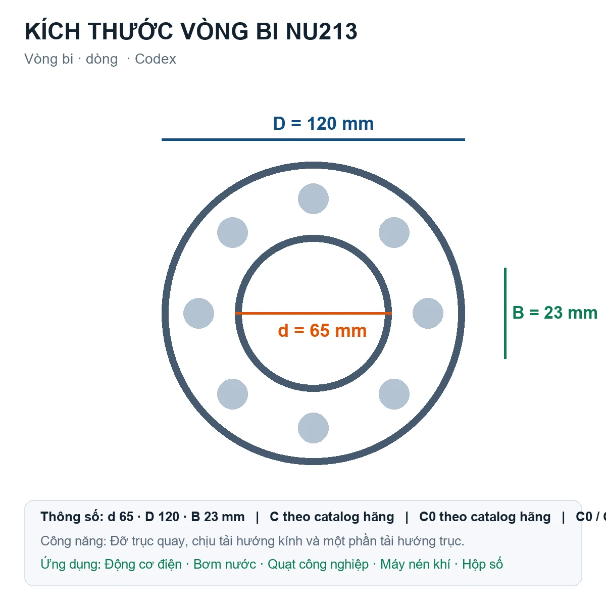 Vòng bi Codex NU213 65x120x23mm — Bản vẽ kích thước (Google Images)