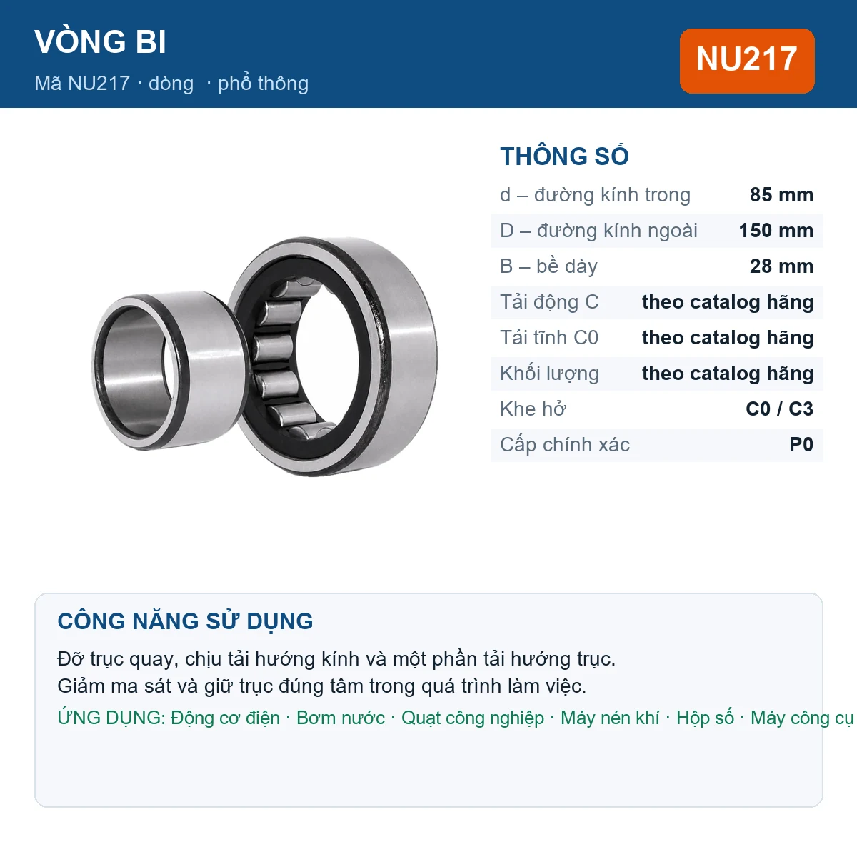 Vòng bi Gen NU217 — kích thước 85x150x28mm