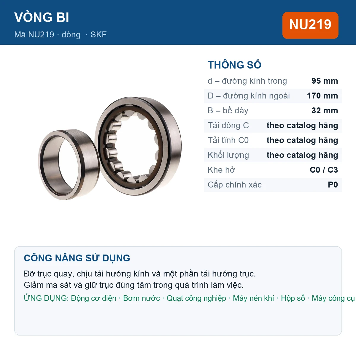 Vòng bi SKF NU219 — kích thước 95x170x32mm