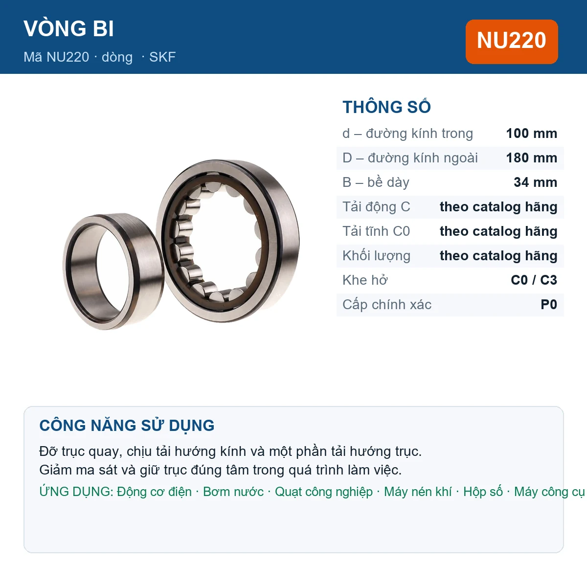 Vòng bi SKF NU220 — kích thước 100x180x34mm