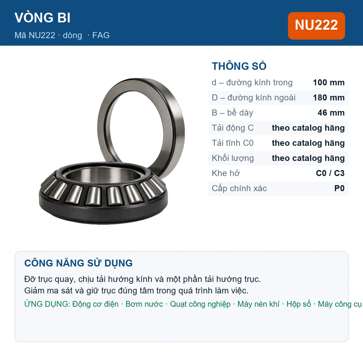 Vòng bi FAG NU222 — kích thước 100x180x46mm