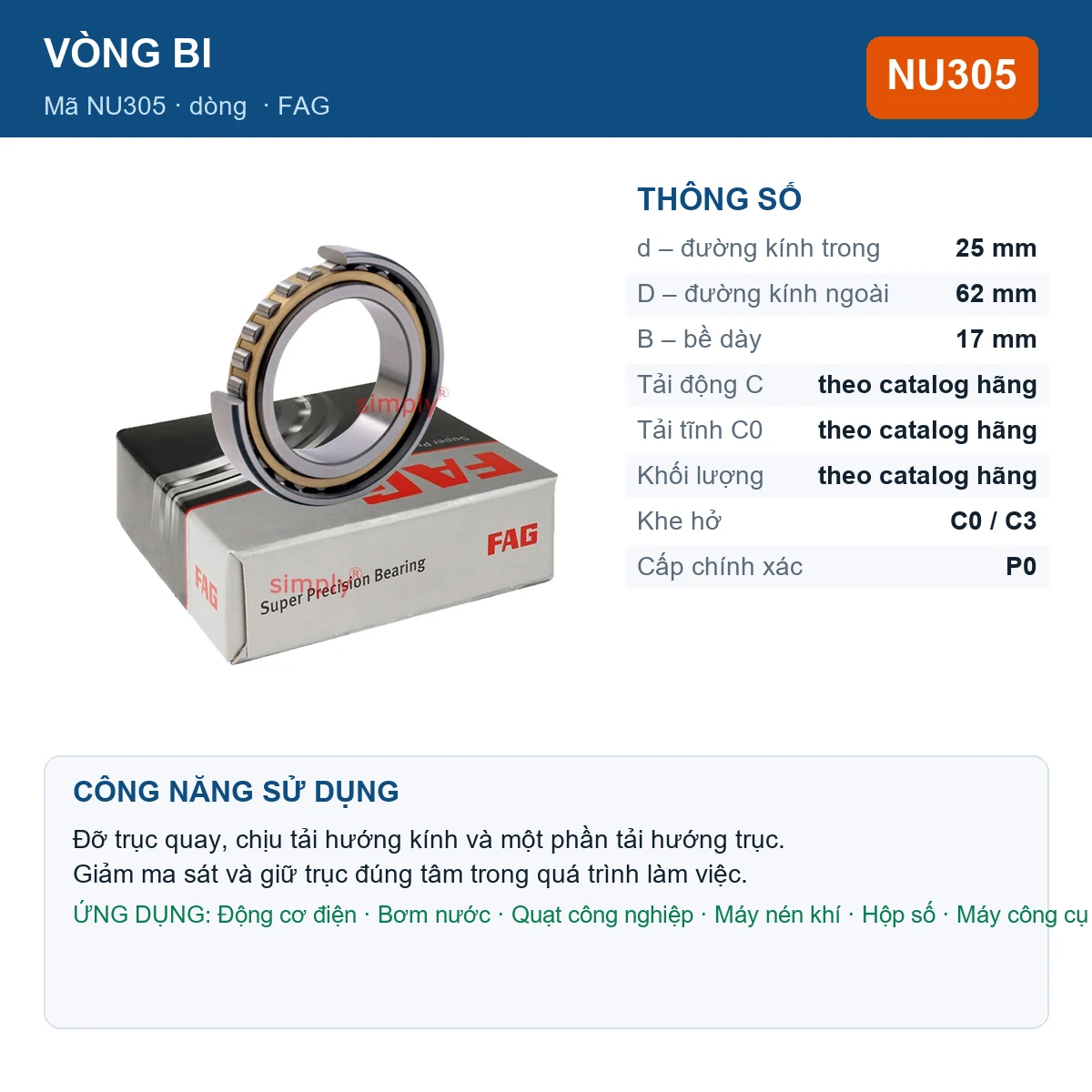 Vòng bi FAG NU305 — kích thước 25x62x17mm