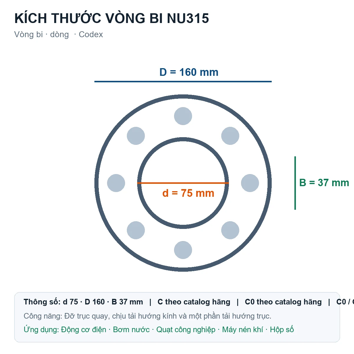 Vòng bi Codex NU315 75x160x37mm — Bản vẽ kích thước (Google Images)