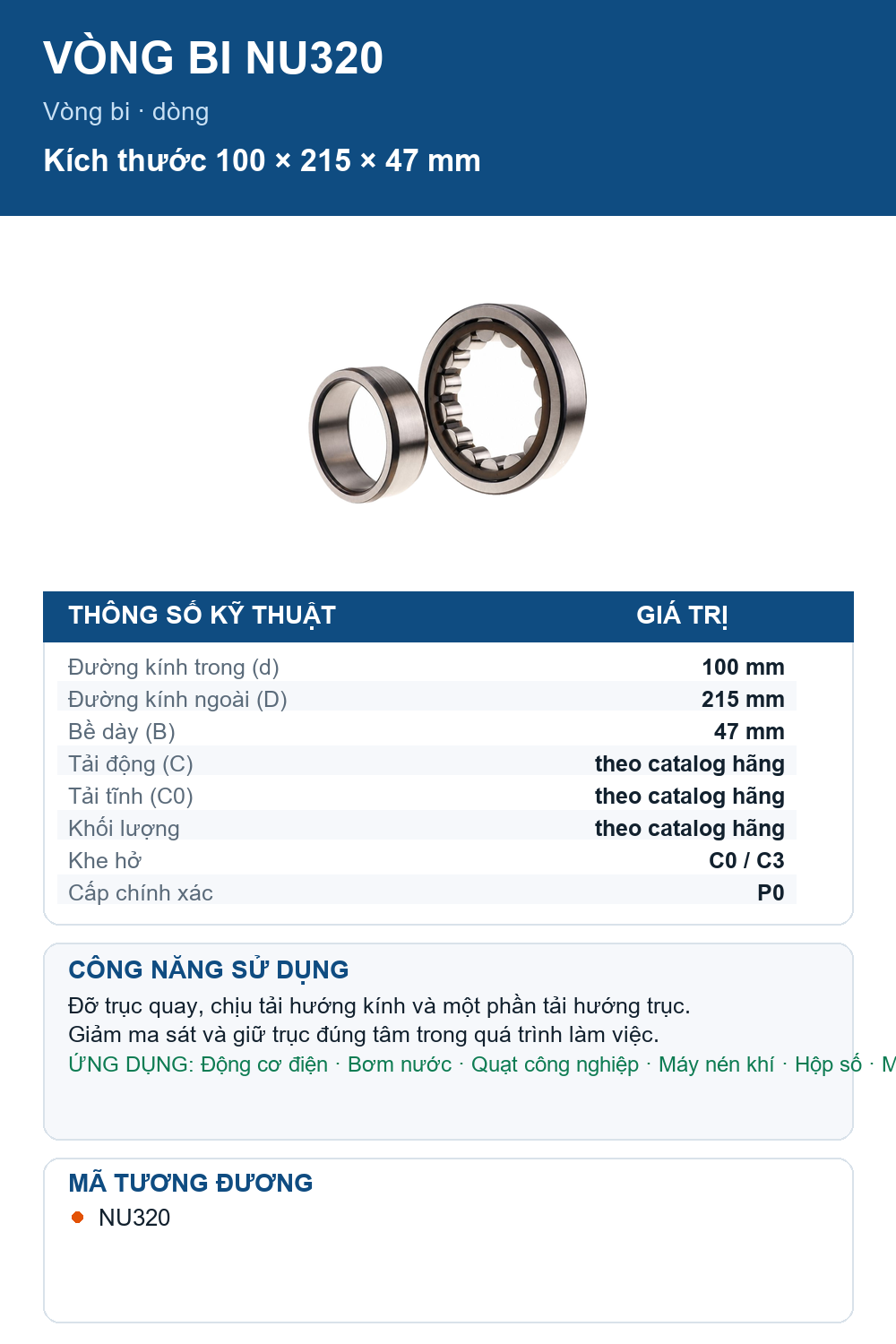 Vòng bi SKF NU320 100x215x47mm — Ảnh thông số (Pinterest)
