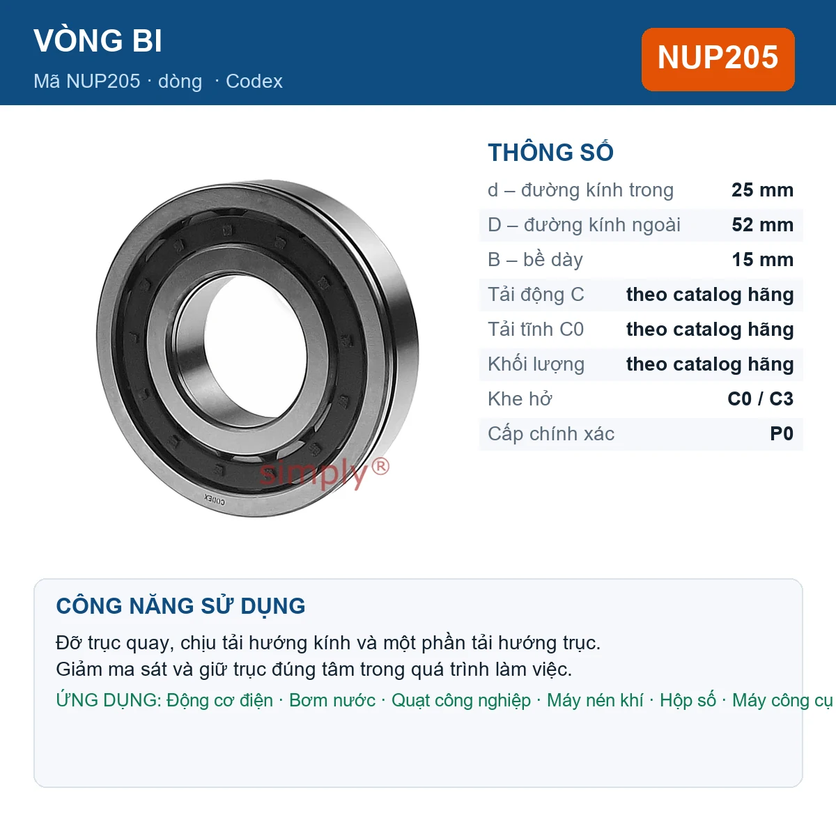 Vòng bi Codex NUP205 25x52x15mm — Ảnh đăng sản phẩm (web)