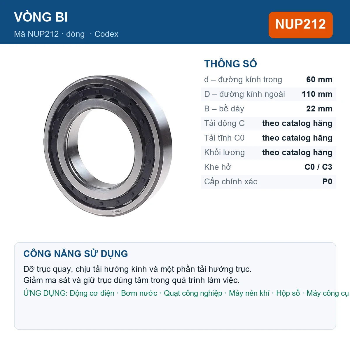 Vòng bi Codex NUP212 — kích thước 60x110x22mm