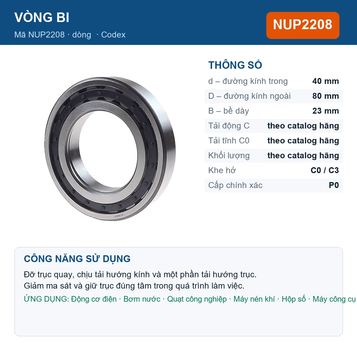 Vòng bi Codex NUP2208 — kích thước 40x80x23mm