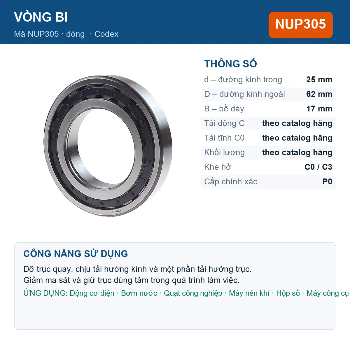Vòng bi Codex NUP305 — kích thước 25x62x17mm