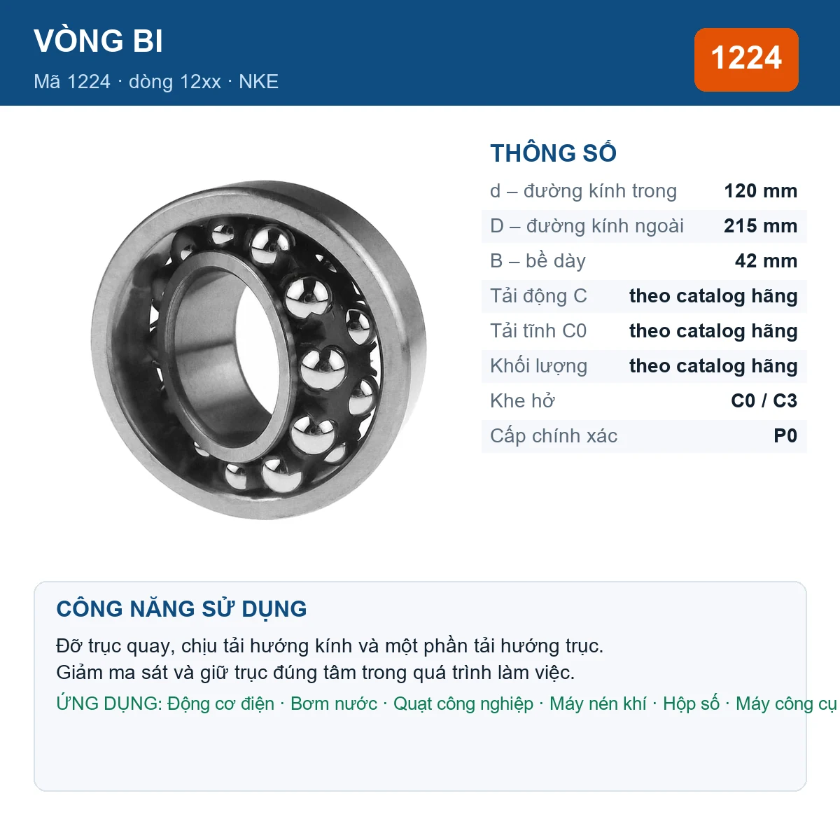 Vòng bi NKE 1224 — kích thước 120x215x42mm