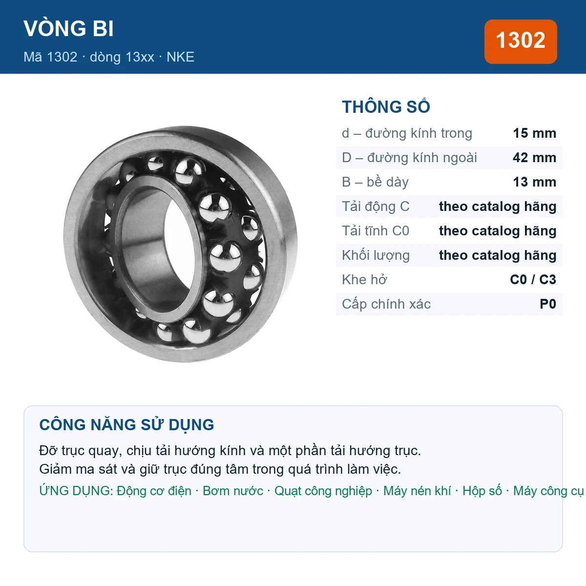 Vòng bi NKE 1302 — kích thước 15x42x13mm