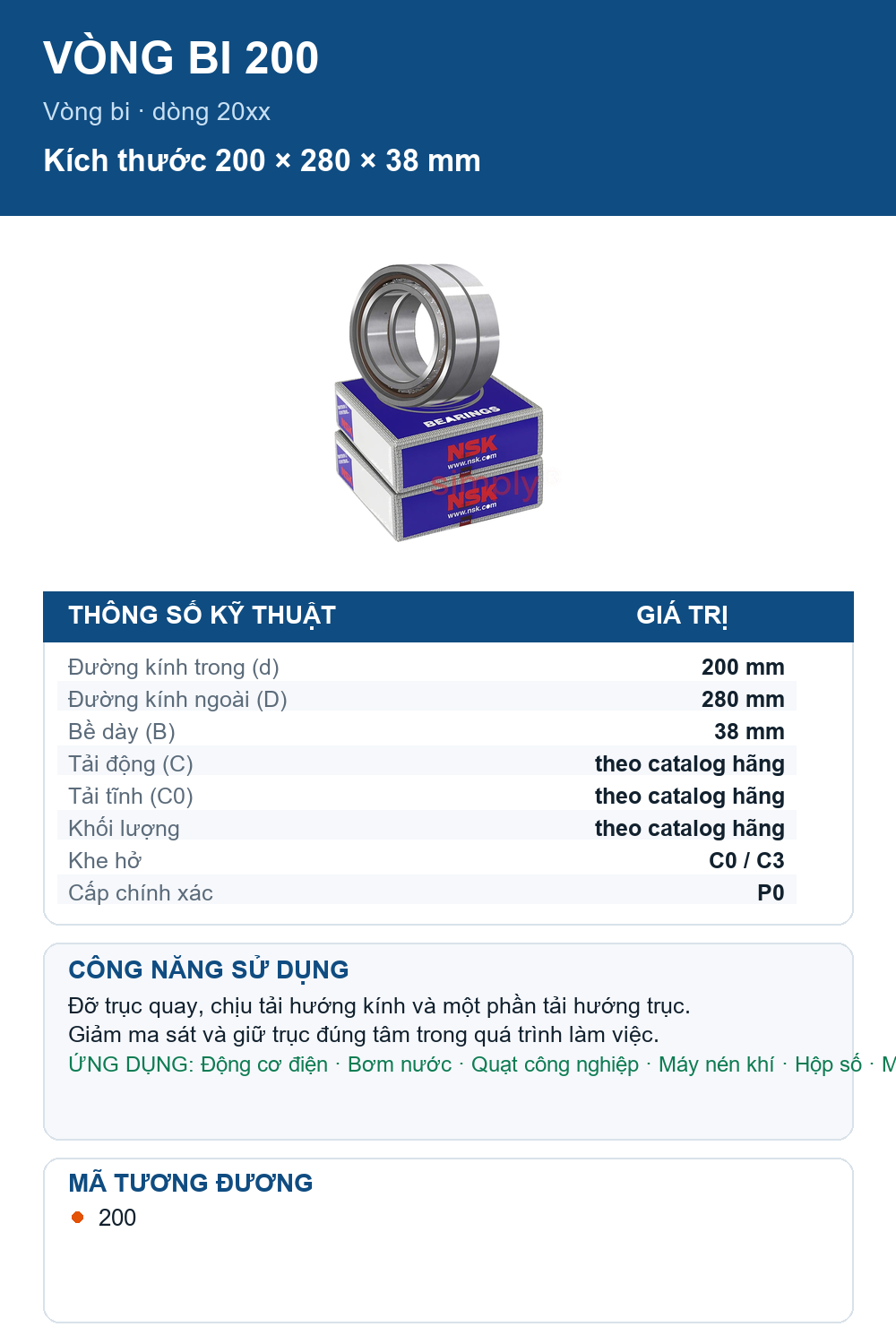 Vòng bi NSK 200 200x280x38mm — Ảnh thông số (Pinterest)