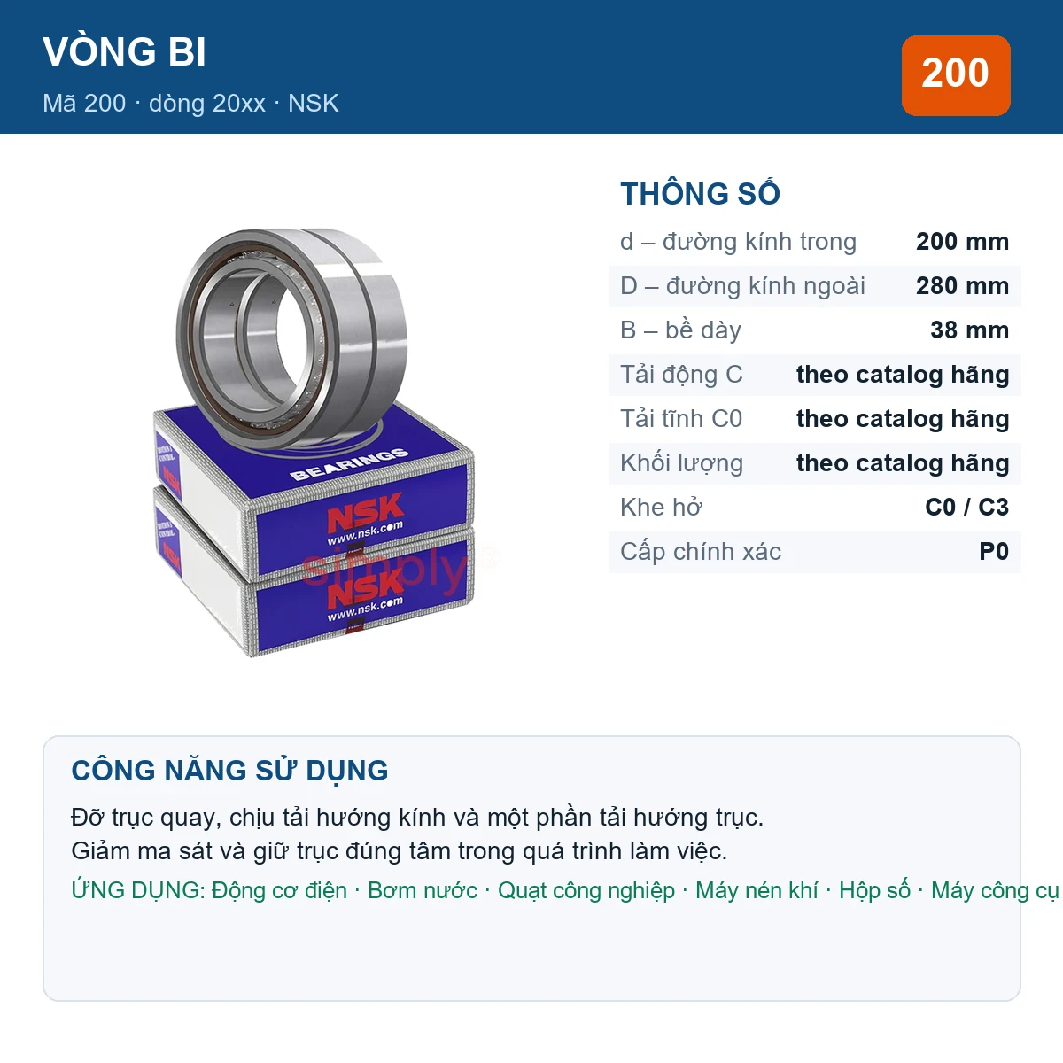 Vòng bi NSK 200 — kích thước 200x280x38mm