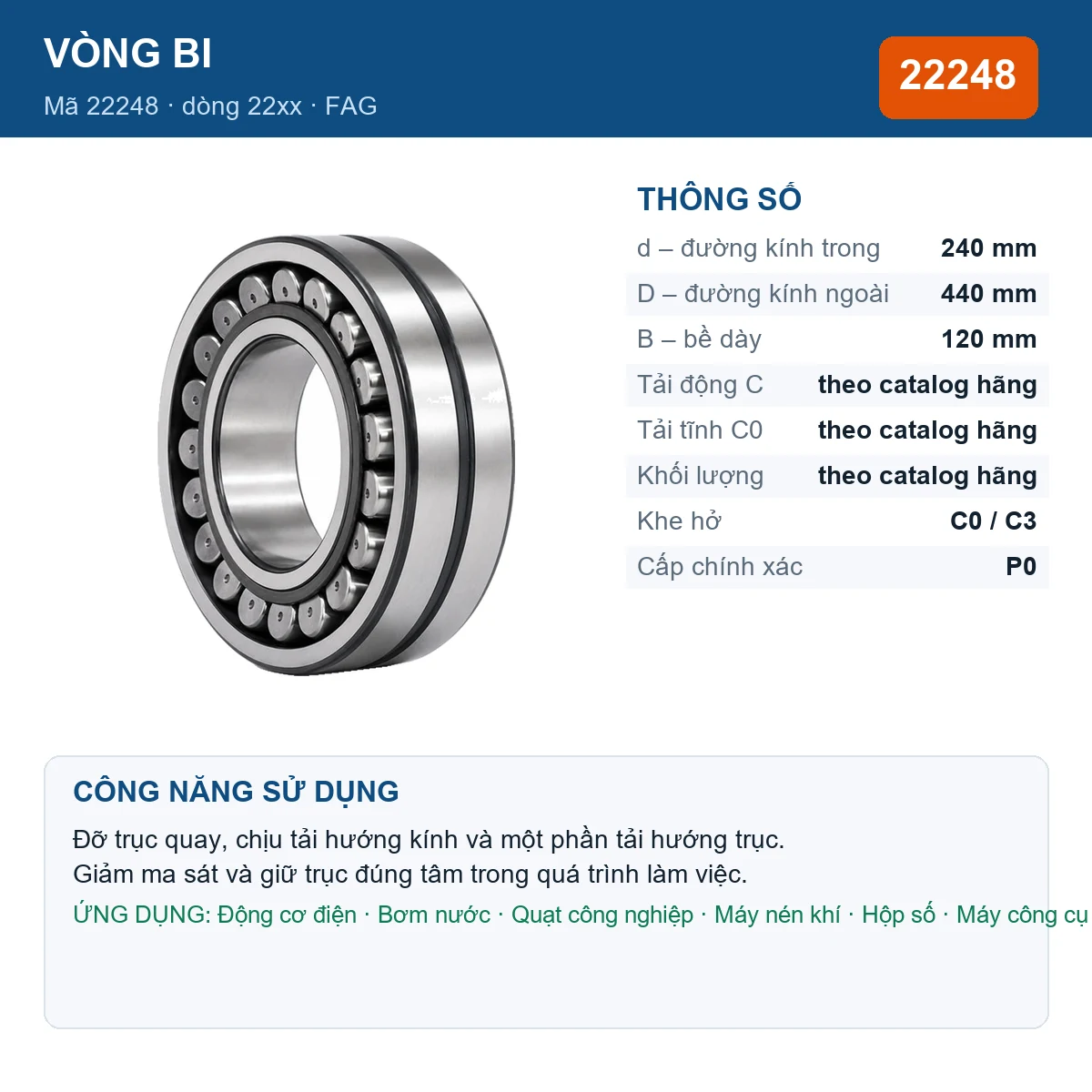 Vòng bi FAG 22248 — kích thước 240x440x120mm