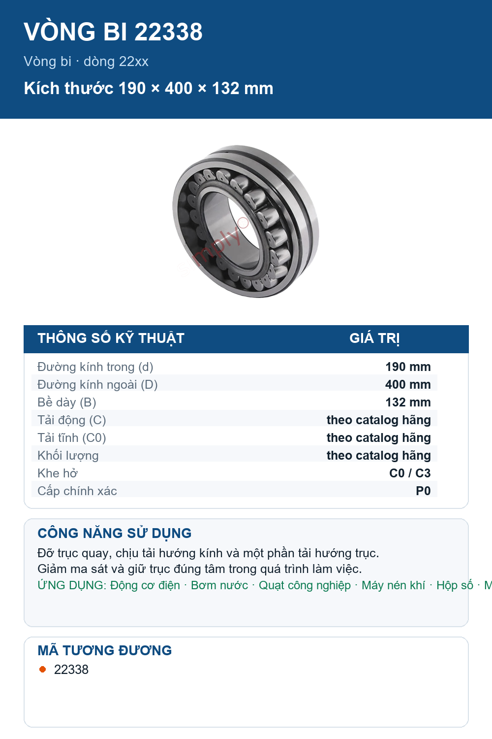 Vòng bi FAG 22338 190x400x132mm — Ảnh thông số (Pinterest)