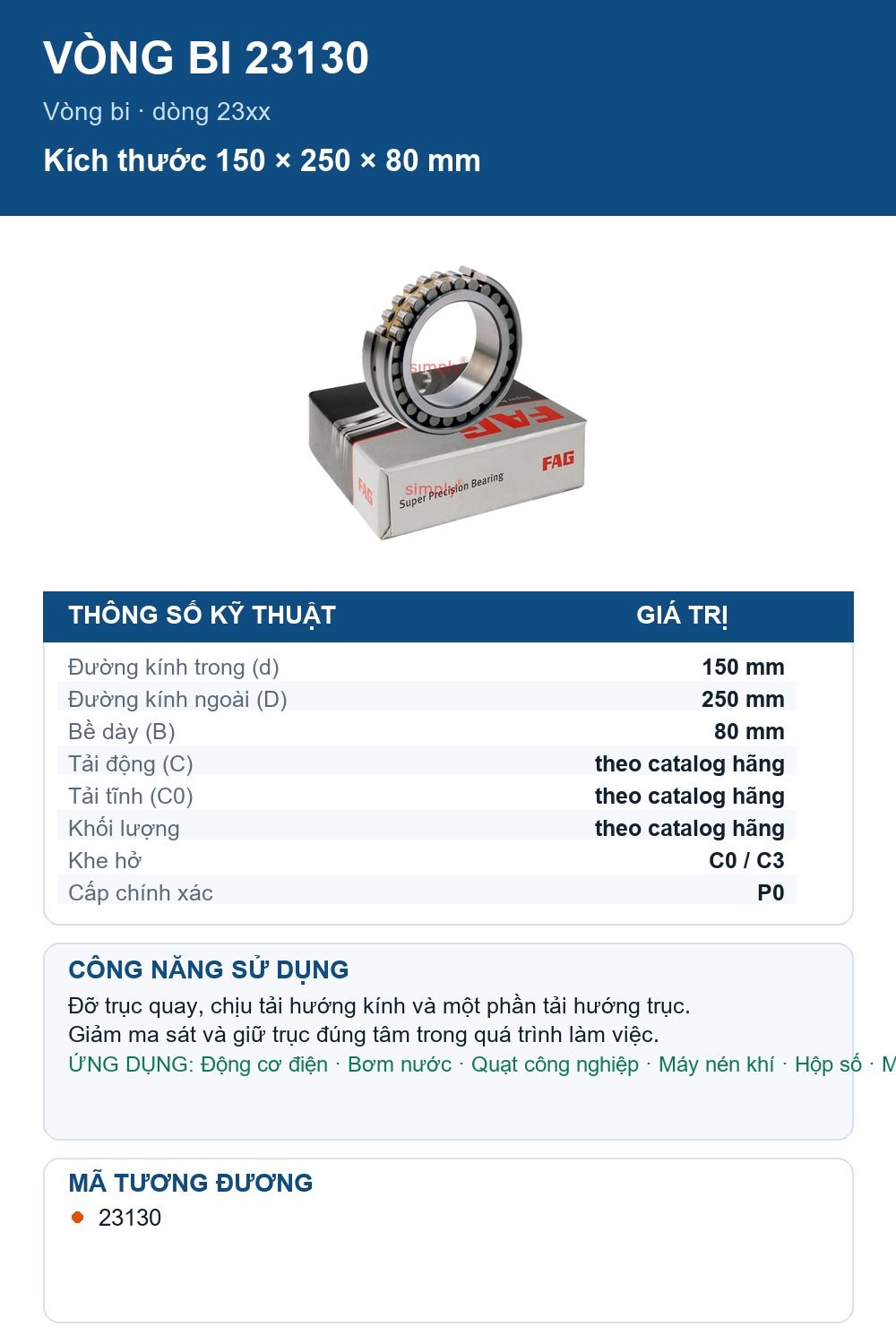 Vòng bi FAG 23130 150x250x80mm — Ảnh thông số (Pinterest)