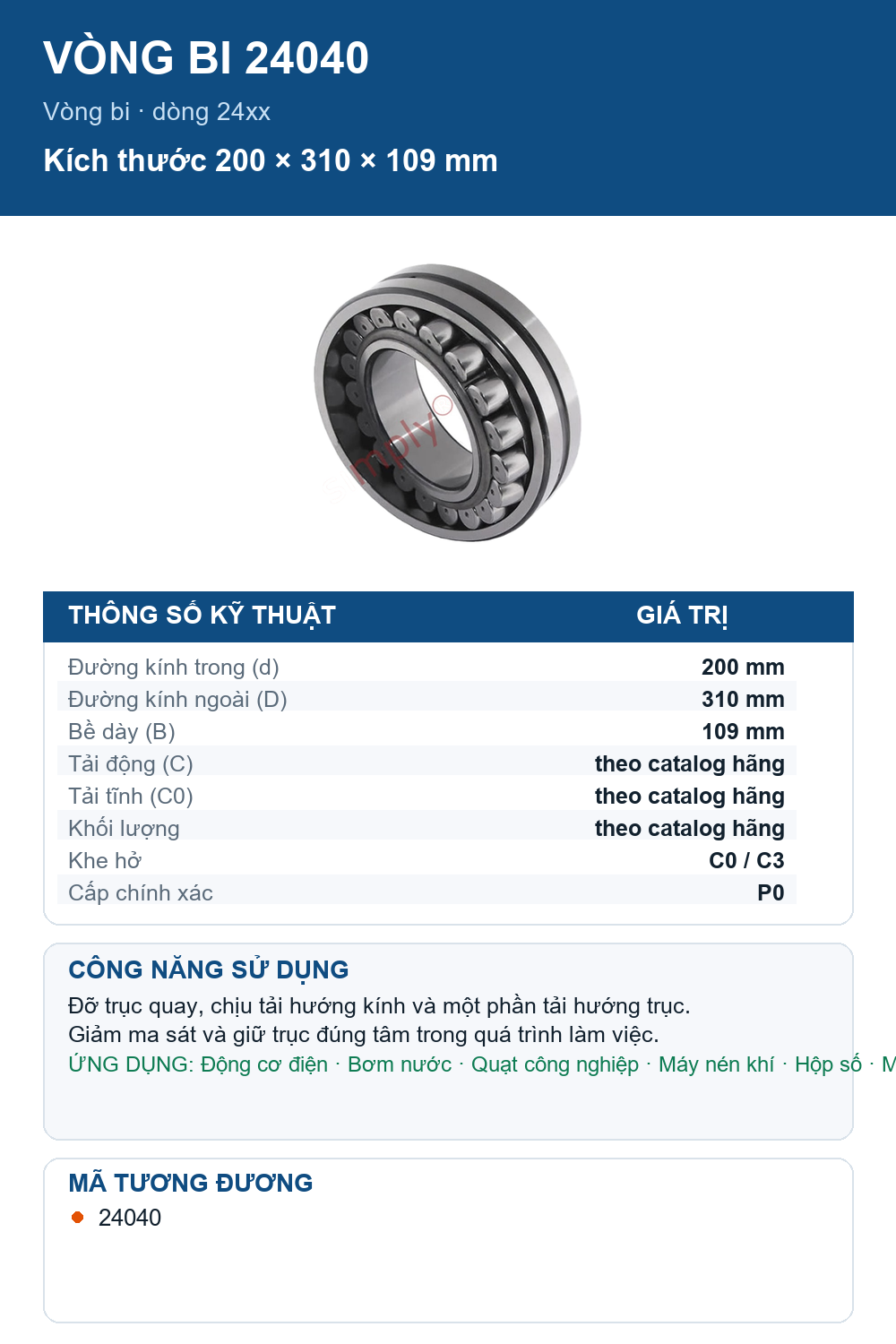 Vòng bi FAG 24040 200x310x109mm — Ảnh thông số (Pinterest)