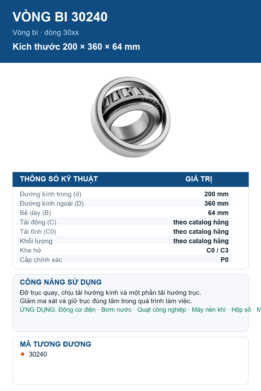 Vòng bi Timken 30240 200x360x64mm — Ảnh thông số (Pinterest)