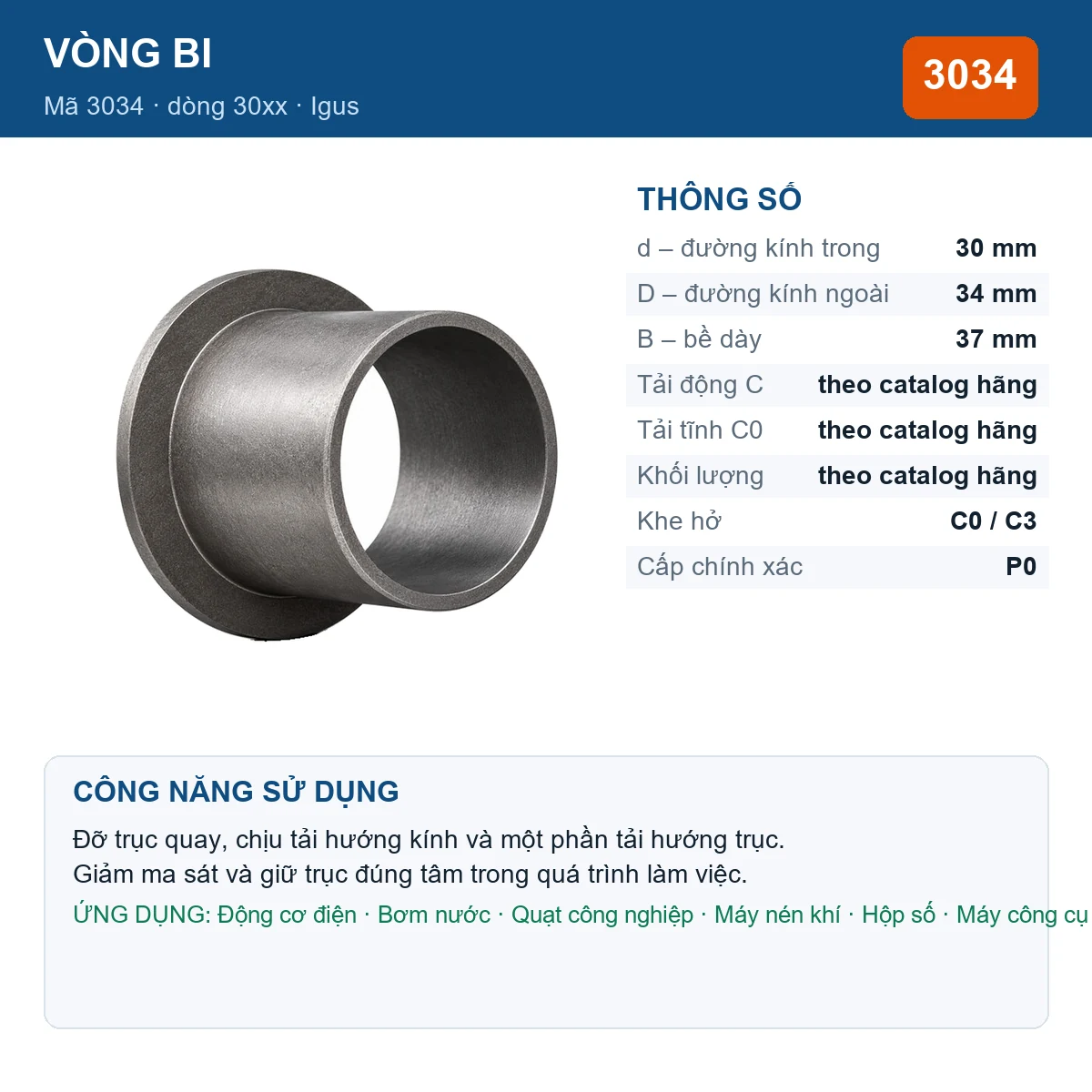 Vòng bi Igus 3034 — kích thước 30x34x37mm