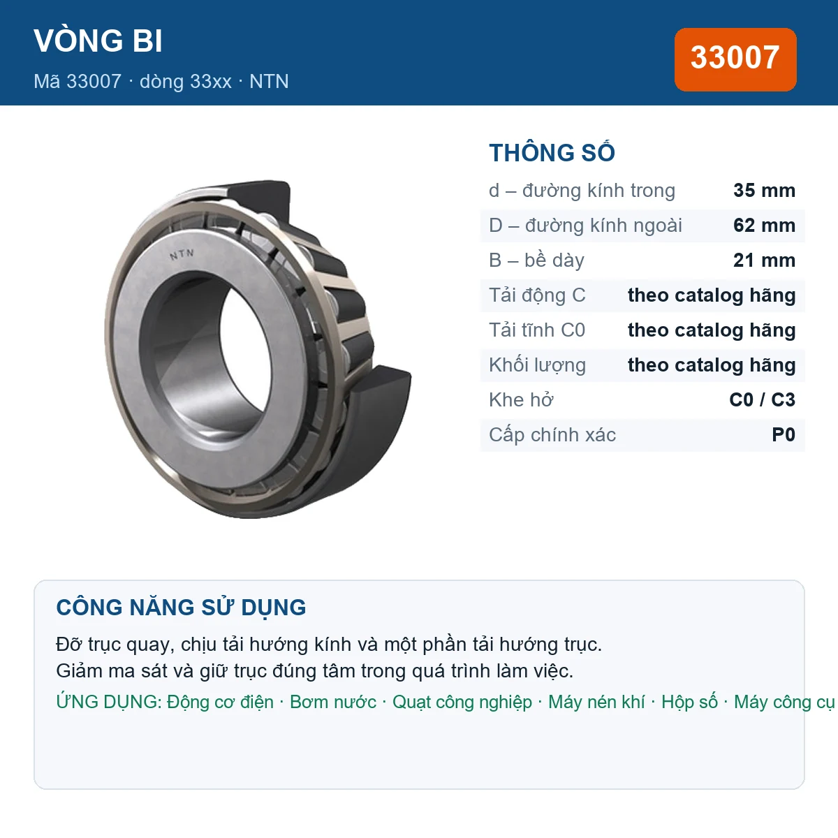 Vòng bi NTN 33007 — kích thước 35x62x21mm