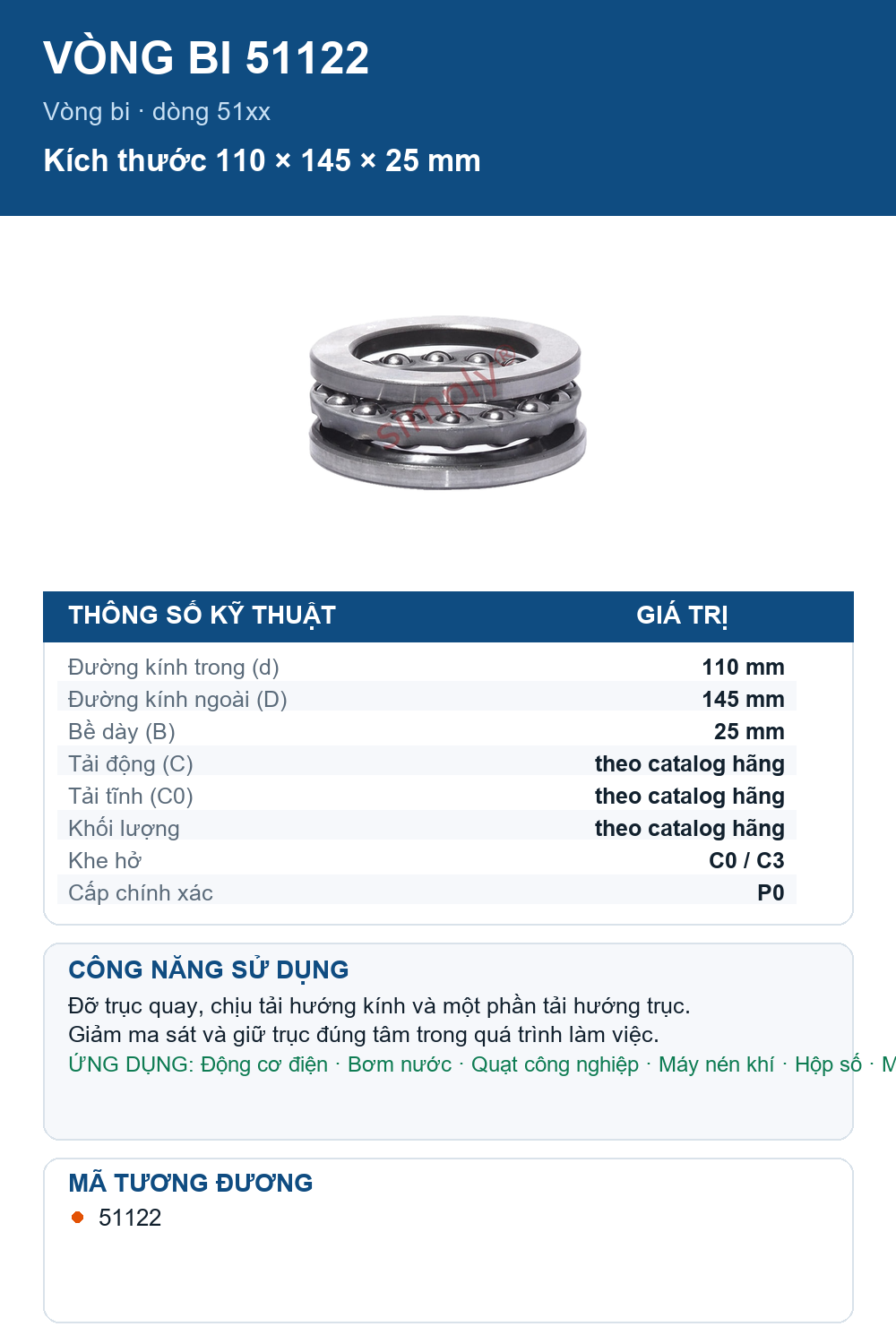 Vòng bi SKF 51122 110x145x25mm — Ảnh thông số (Pinterest)
