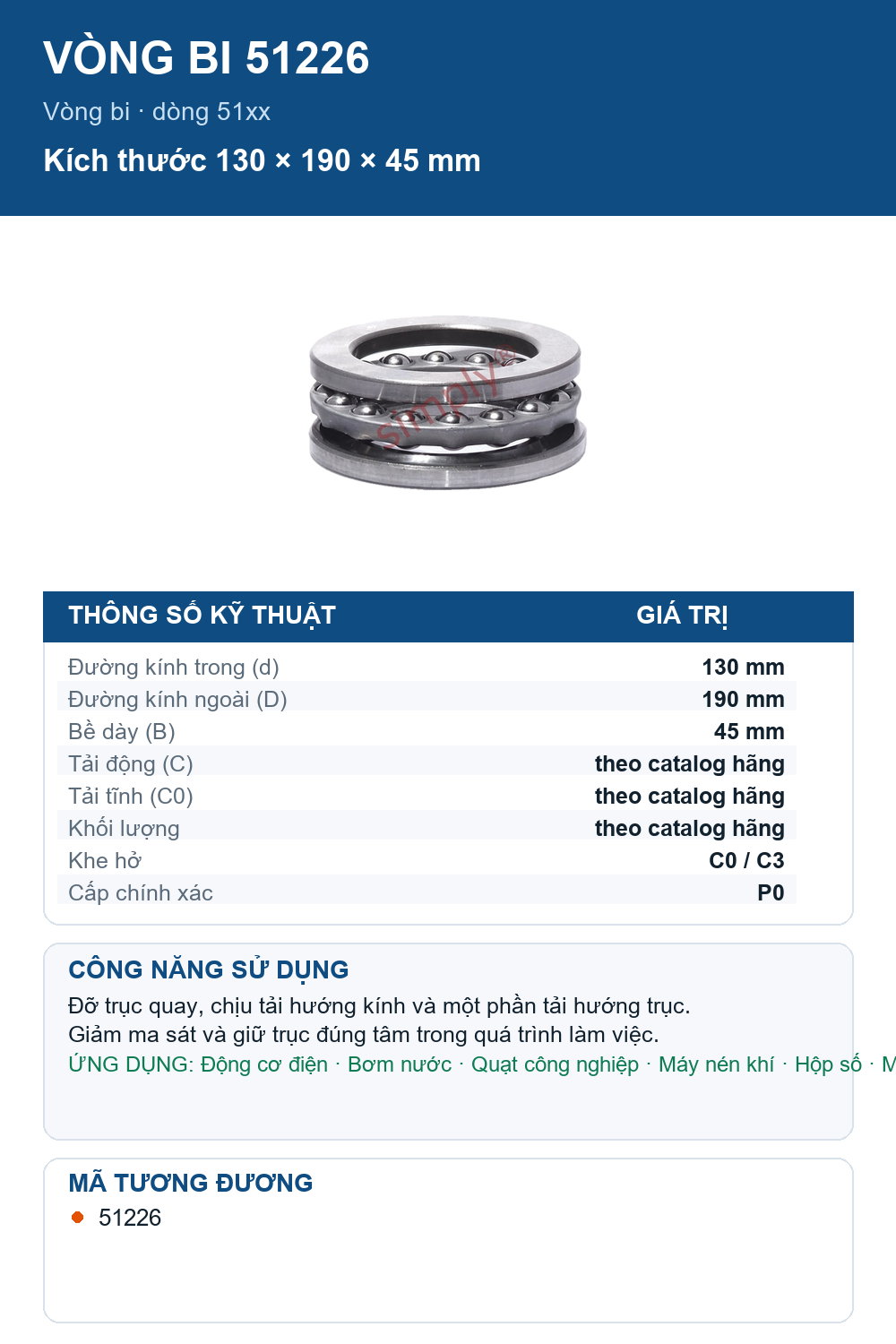 Vòng bi SKF 51226 130x190x45mm — Ảnh thông số (Pinterest)