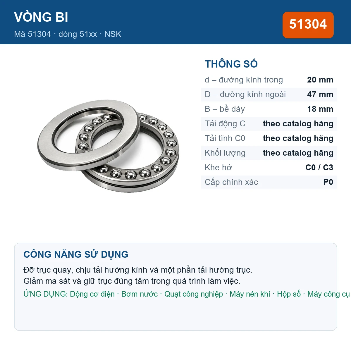 Vòng bi NSK 51304 — kích thước 20x47x18mm