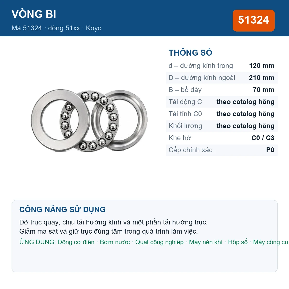 Vòng bi Koyo 51324 — kích thước 120x210x70mm