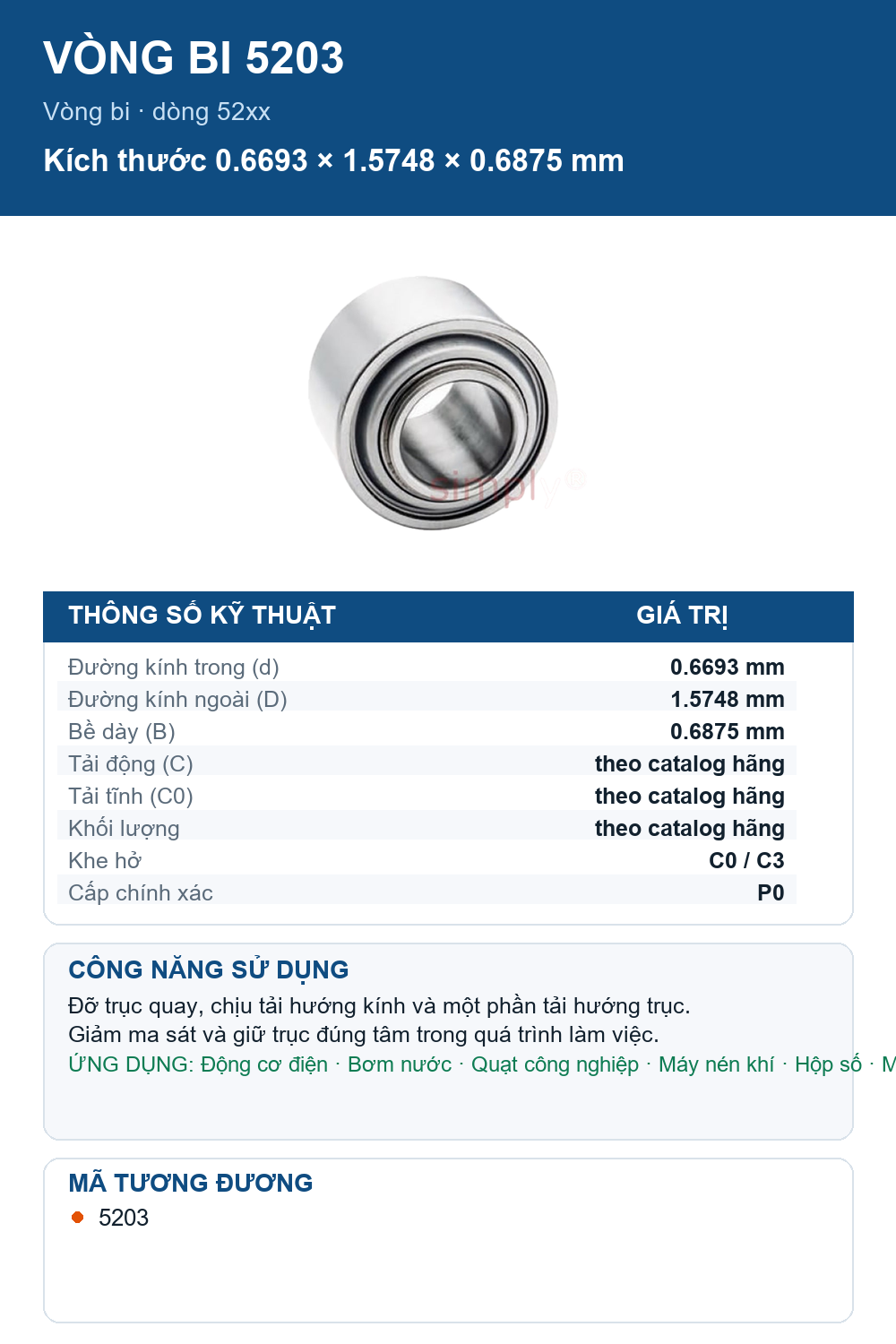 Vòng bi PEER 5203 0.6693x1.5748x0.6875mm — Ảnh thông số (Pinterest)