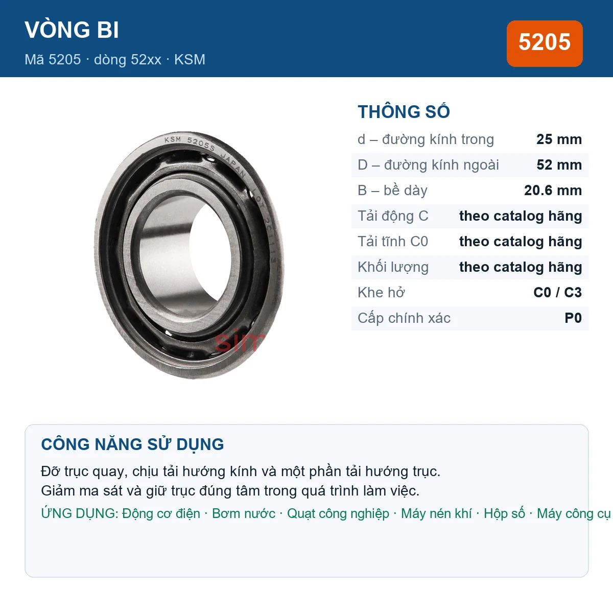 Vòng bi KSM 5205 — kích thước 25x52x20.6mm