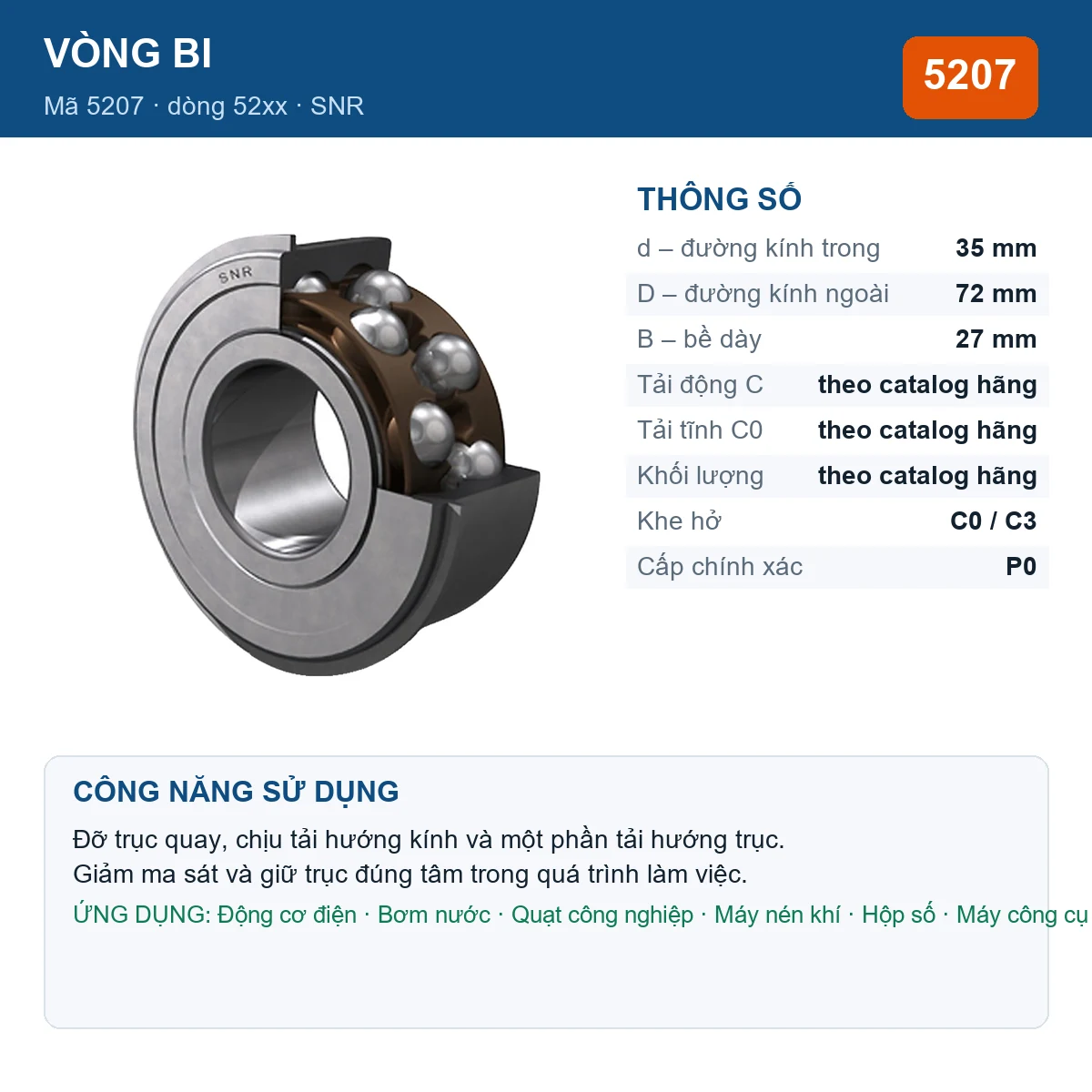 Vòng bi SNR 5207 — kích thước 35x72x27mm