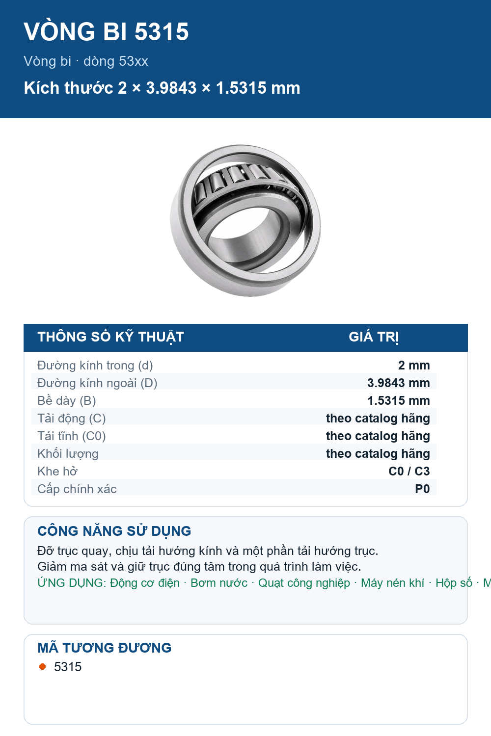 Vòng bi Timken 5315 2x3.9843x1.5315mm — Ảnh thông số (Pinterest)