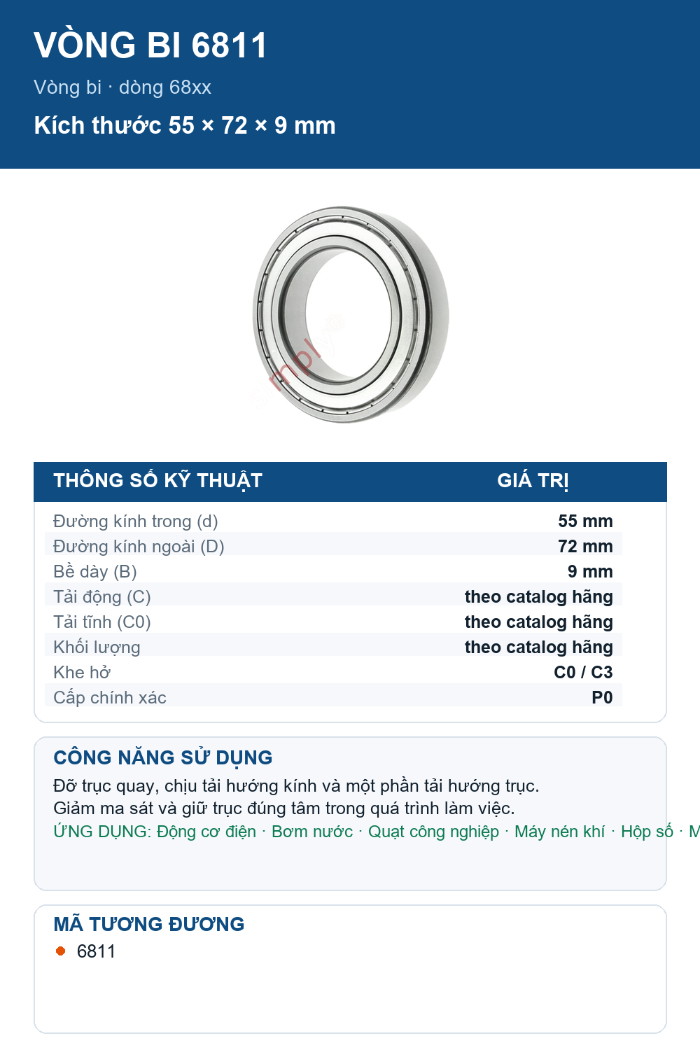 Vòng bi Nachi 6811 55x72x9mm — Ảnh thông số (Pinterest)