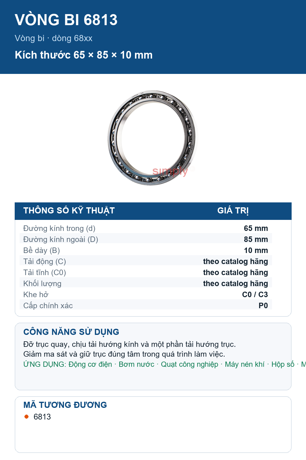 Vòng bi NTN 6813 65x85x10mm — Ảnh thông số (Pinterest)