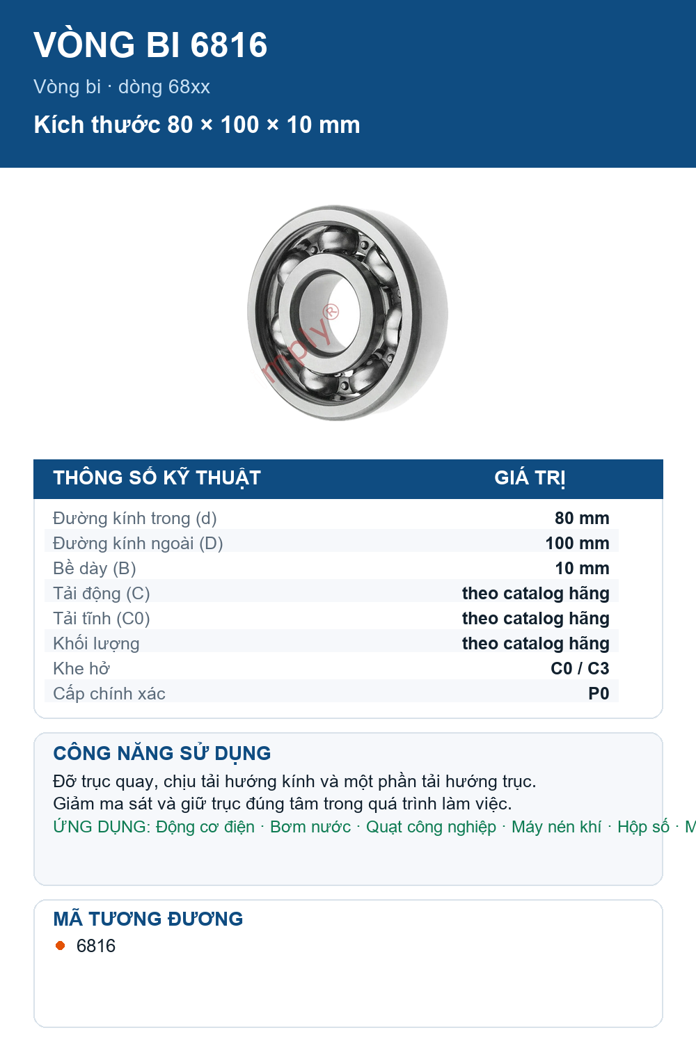 Vòng bi NTN 6816 80x100x10mm — Ảnh thông số (Pinterest)
